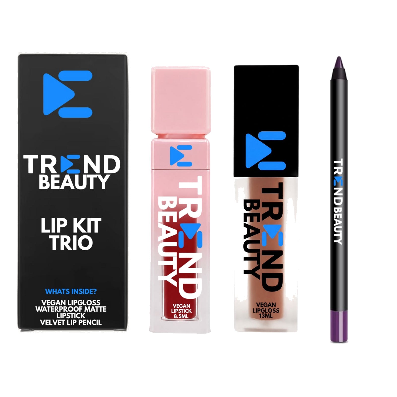 TREND BEAUTY Vegan Lip Kit Trio – Lipstick, Lip Gloss & Velvet Lip Pencil