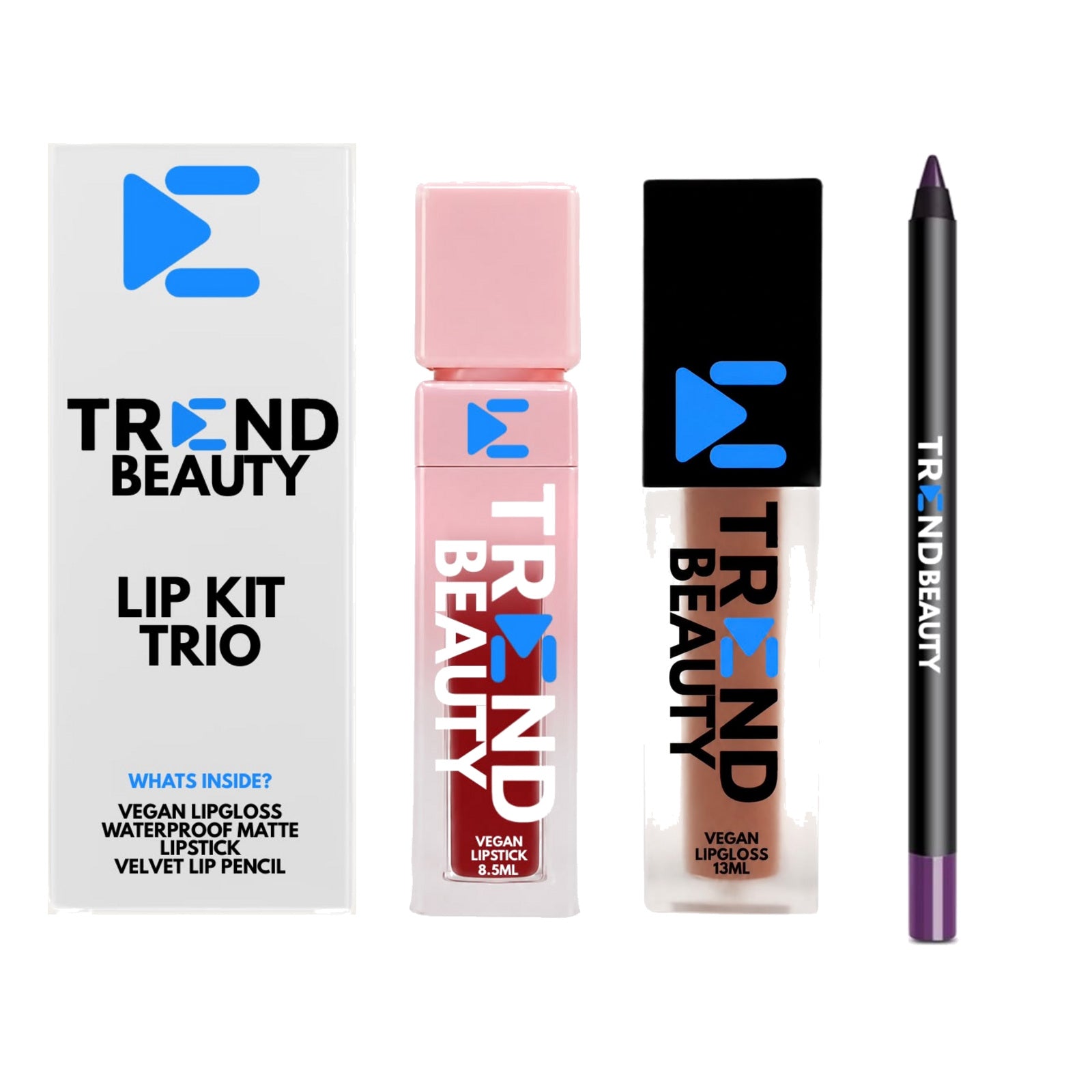 TREND BEAUTY Vegan Lip Kit Trio – Lipstick, Lip Gloss & Velvet Lip Pencil